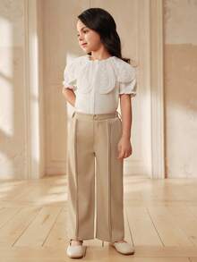 SHEIN 女童优雅休闲直筒裤，适合日常休闲外出穿着 - 杏色 - 查看 6