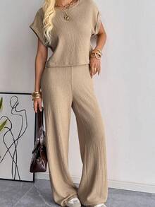 SHEIN EZwear 女士卡其色针织休闲上衣和裤子家居服套装 - 卡其色 - 查看 7