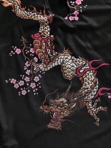 ROMWE J-FASHION 大码女式中国风火焰龙桃花印花背心 - 黑色 - 查看 9
