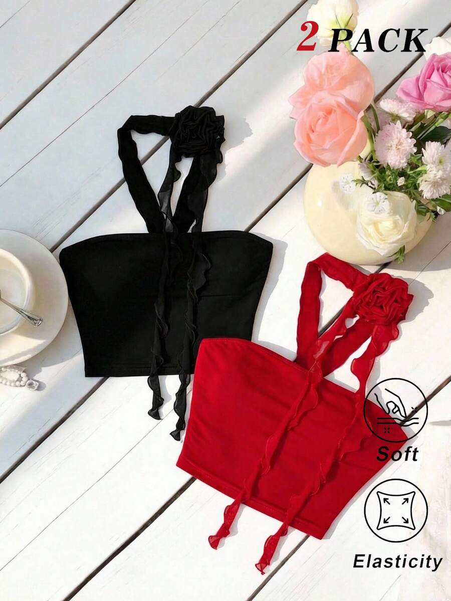 SHEIN MOD 两件套女士露背吊带碎花装饰短款上衣,春夏款,情人节款,优雅款,度假装,夏季女装,春季款,夏季假期款,黑红配色上衣 - 彩色 - 查看 1