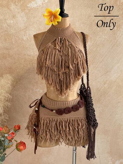 Soleia Choker Detail Fringe Knit Top Summer, Ibiza Fits, Holiday Vacation Sexy Festival Rave Knit Escapade Fall Country Autumn Winter Nashville