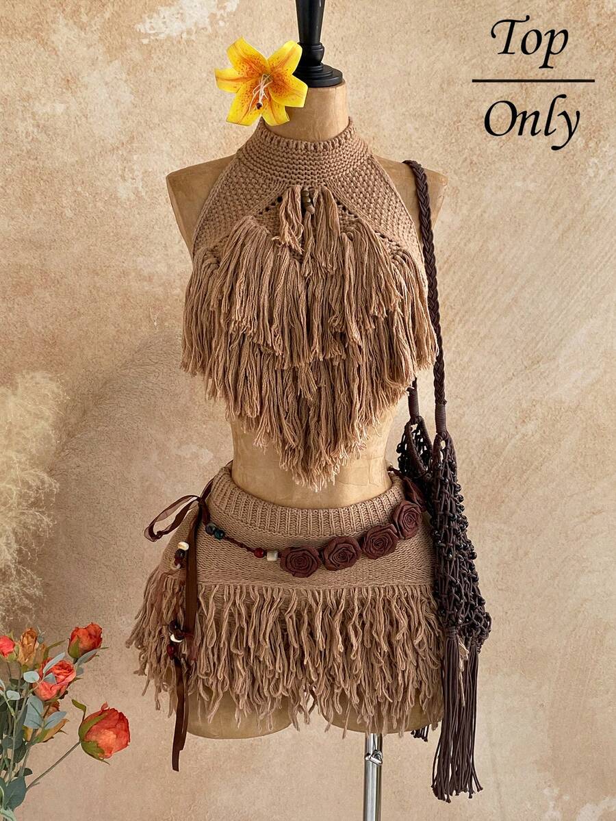 Soleia Choker Detail Fringe Knit Top Summer, Ibiza Fits, Holiday Vacation Sexy Festival Rave Knit Escapade Fall Country Autumn Winter Nashville - Khaki - View 1