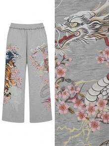 ROMWE Avant 加大码新款中国风虎龙元素印花宽松街头运动裤 - 灰色 - 查看 2