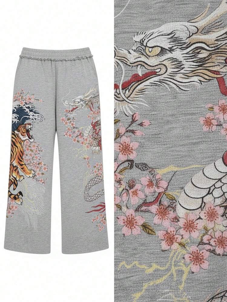 ROMWE Avant Pantalones de chándal holgados de talla grande con estampado de elementos de tigre y dragón al estilo chino - Gris - Añade 2