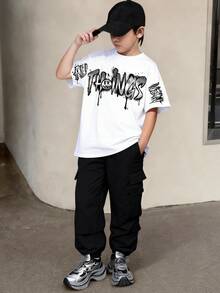 Mirajuku 2pcs/Set Boys' Comfortable Casual Loose Fit T-Shirt And Straight Leg Pants Outfit, Suitable For Daily, Sports And Outdoor Wear - Black and White - View 1