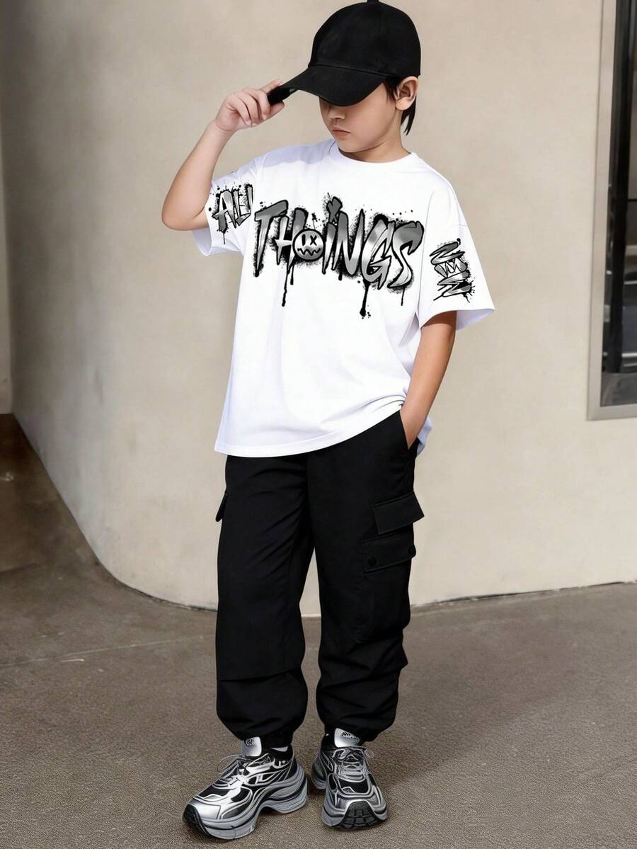 Mirajuku 2pcs/Set Boys' Comfortable Casual Loose Fit T-Shirt And Straight Leg Pants Outfit, Suitable For Daily, Sports And Outdoor Wear - Black and White - View 1