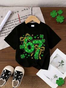 女童时尚四叶草蝴蝶结和数字67印花短袖T恤，适合圣帕特里克节、春夏穿着 - 彩色 - 查看 3