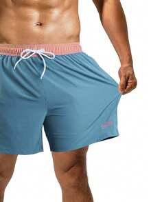 Manfinity KASUA Men Letter Graphic Drawstring Waist Swim Trunks & Compression Liner Milk Silk Lining - Dusty Blue - View 4
