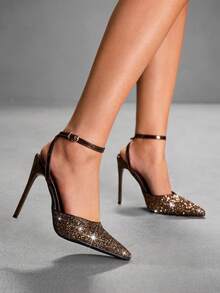 CUCCOO SZL 女鞋尖头细高跟浅咖啡色亮片踝带后跟女鞋简约优雅时尚性感派对宴会夜店女高跟鞋女鞋 - 格力特香檳48 - 查看 5