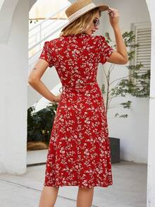 Breezaya Women's Fashion V-Neck Floral Criss-Cross Tie Wrap Dress - Red - View 2