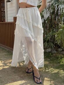 Livesso Spring & Summer White Ruffled Asymmetric Hem Casual Vacation Beach Chiffon Skirt, Elegant For Commuting, Romantic, Wedding - White - View 2