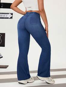 Flexra Women's Elastic Waist Pocket Casual Flare Leg Jeans - Dark Wash - View 2