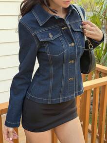 DAZY Women's Slim Fit Solid Color Denim Jacket, Suitable For Summer Vacation Y2k - Medium Wash - View 6