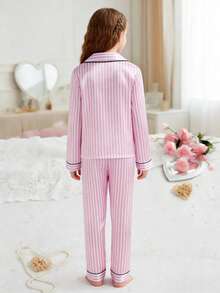 Tween Girls Pajamas-2 Piece Pajama Set Pink White Striped Satin Look Long Sleeve Button Up Top Notch Collar Chest Pocket Heart Embroidery Matching Pants Elastic Waist Four Seasons Holiday 2026 Must Have Sleepwear Loungewear Cozy Gift Ideal Bedroom Sleepwear Set Pink Striped Pajama Pink Pajama Sets - Pink - View 2