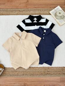 3件套男童休闲条纹短袖polo衫、衬衫、针织上衣套装，春夏款 - 黑與白 - 查看 4