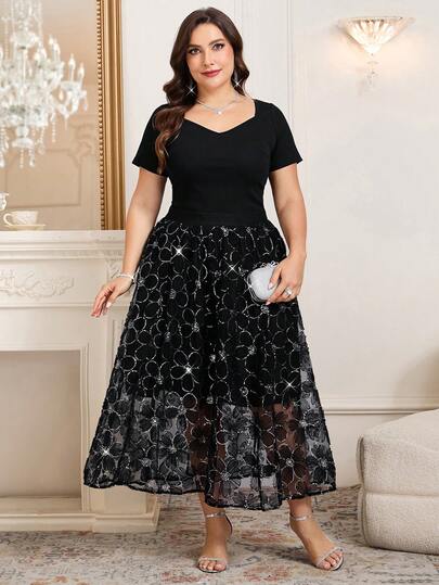 SHEIN Clasi Plus Size Elegant Women's 2-Piece Set, Mesh Embroidered Skirt And Knit T-Shirt, Black 2-Piece Outfit, Elegant Ladies Suit, Black Elegant Outfit, Suitable For Daily Wear,Summer,Spring,Summer Outfits ,Summer Clothes,Summer Holiday Outfits,Spring Outfit Women,Spring Clothing,Spring Women,Luxury Evening Dresses For Women,Luxury Women's Jalabiya,Luxury Evening Dress For Women ,Luxury Evening Dresses For Weddings,Luxury Women's Abaya,Wedding,Weddings,Events,Wedding,Carnival,Carnival Costume,Carnival Women,Carnival Outfit,Carnival Women Look 2026,Fasching Women Costume ,Women Carnival Costume,Carnival,Casual Sets For Women,Luxury Women's Two-Piece Set,