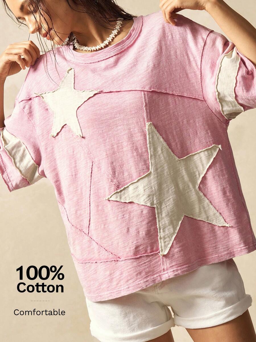 Bohemela Plus Size Summer Casual Colorblock Star Applique T-Shirt - Multicolor - View 1