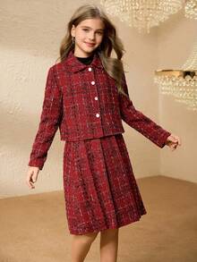 Tween Girl Autumn Simple Solid Color T-Shirt, Single-Breasted Jacket And Pleated Skirt 3-Piece Set - Burgundy - View 4