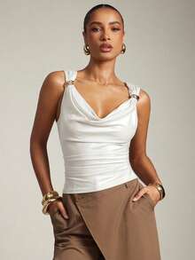 Hauture Women's Basic Casual Office Ruched Shoulder With Gold Decor Cowl Neck Top - White - View 3
