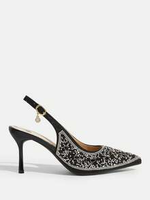 CUCCOO TILAWA Women's Rhinestone Pointed Toe High Heel Shoes, Fashionable Ankle Strap Dress Shoes Suitable For Parties And Banquets - Black - View 2