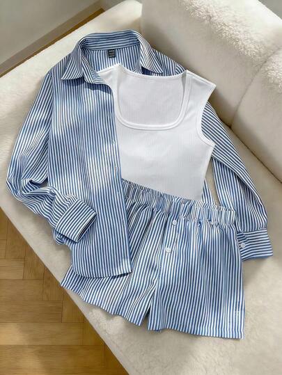 SHEIN LUNE 3pcs/Set Casual Street Style Long Sleeve Jacket, Solid Color Tank Top And Sports Shorts Set