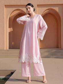 Graceveil Lace Patchwork V-Neck Loose Aging-Reducing Long Top & Straight Leg Pants Women's Elegant Pink 2-Piece Set - Pink - View 6