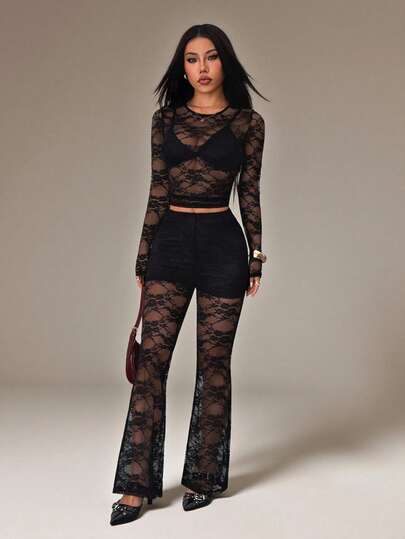 SHEIN PETITE 2pcs Women's Sexy Sheer Black Lace Top And Lace Pants Set, Stylish Design, Spring/Summer Lace Outfit Women Leopard Print Katseye Woman S 2 Piece Outfit Tights Two Piece Set Women Mesh Two Piece Set Lace 2 Piece Set