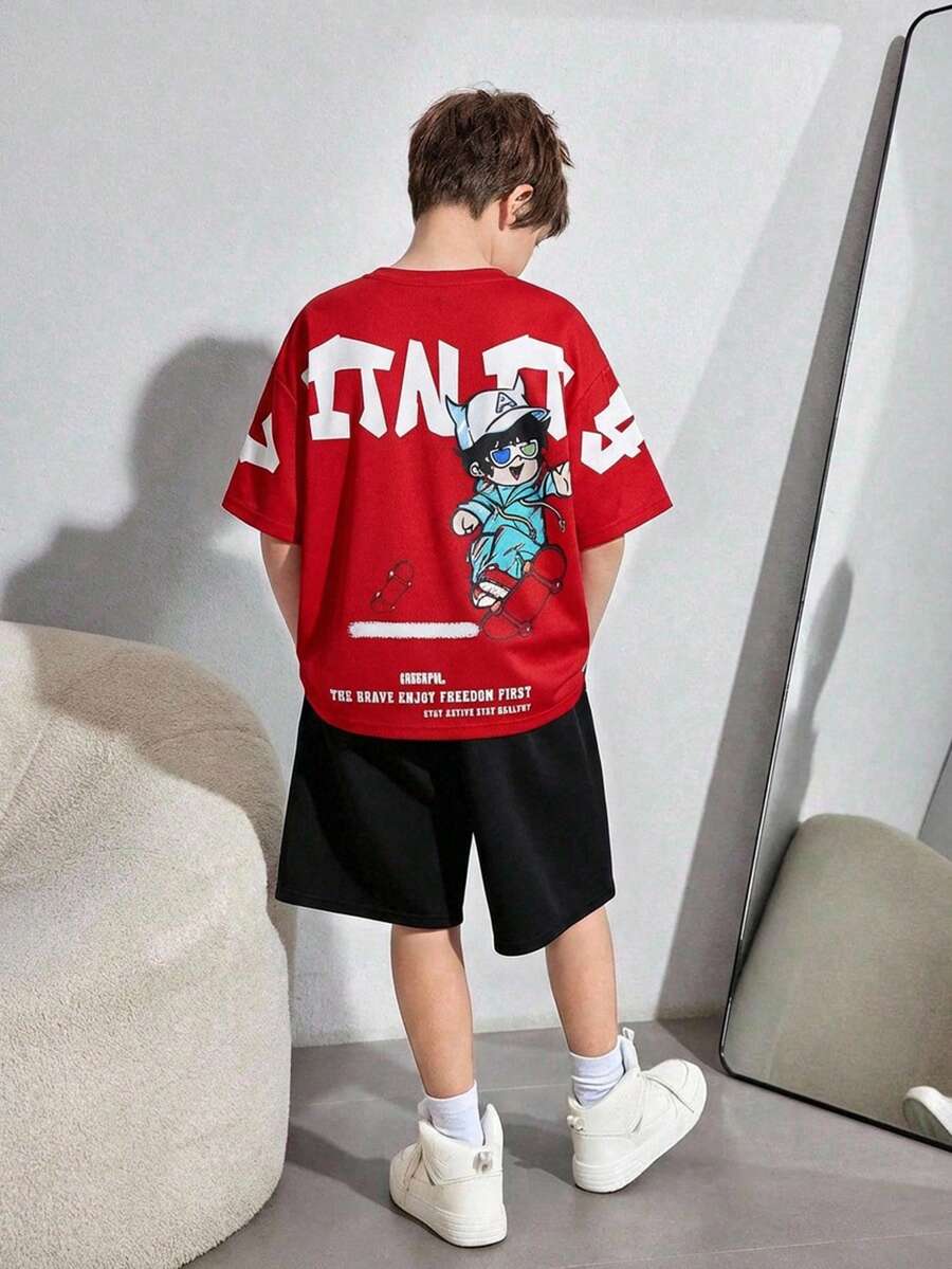 SHEIN Little Byeori 2pcs/Set Kids/Tween Boys Red And Black Graphic Print Loose Fit Round Neck Short Sleeve Knit T-Shirt And Shorts Set,Summer Streetwear City Break Style