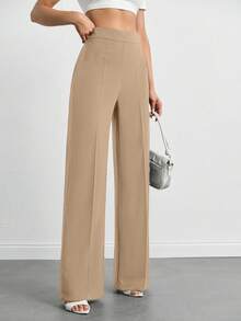 EURMUSE Pantalones anchos de talle alto de unicolor y casual para mujer de talla grande, de largo completo - Beis - Ver 1