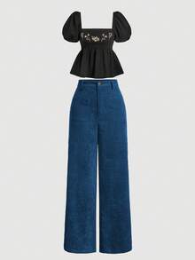 SHEIN MOD 黑色花卉刺绣泡泡袖娃娃衫，适合花园茶会、约会、派对、女士春夏、春假、度假、野餐等场合。黑色泡泡袖衬衫，花卉刺绣，方领，收腰设计，荷叶边下摆，质感面料，轻盈廓形，优雅细节，复古风格，轻盈舒适，柔软垂坠，女性柔美触感，彩色缝线，浪漫气息，精致图案，短袖，波西米亚风情，艺术魅力，宽松版型，适合夏季假期、度假、嘉年华、情人节、女士情人节、夏季、春假等场合。 - 黑色 - 查看 6