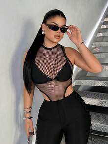 SHEIN SXY Women's Sexy Mesh Sheer High-Cut Hem Bodysuit, Summer - Black - View 6