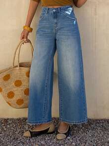 DAZY 女士常规款中腰宽松直筒休闲牛仔裤 - 中等水洗藍 - 查看 1