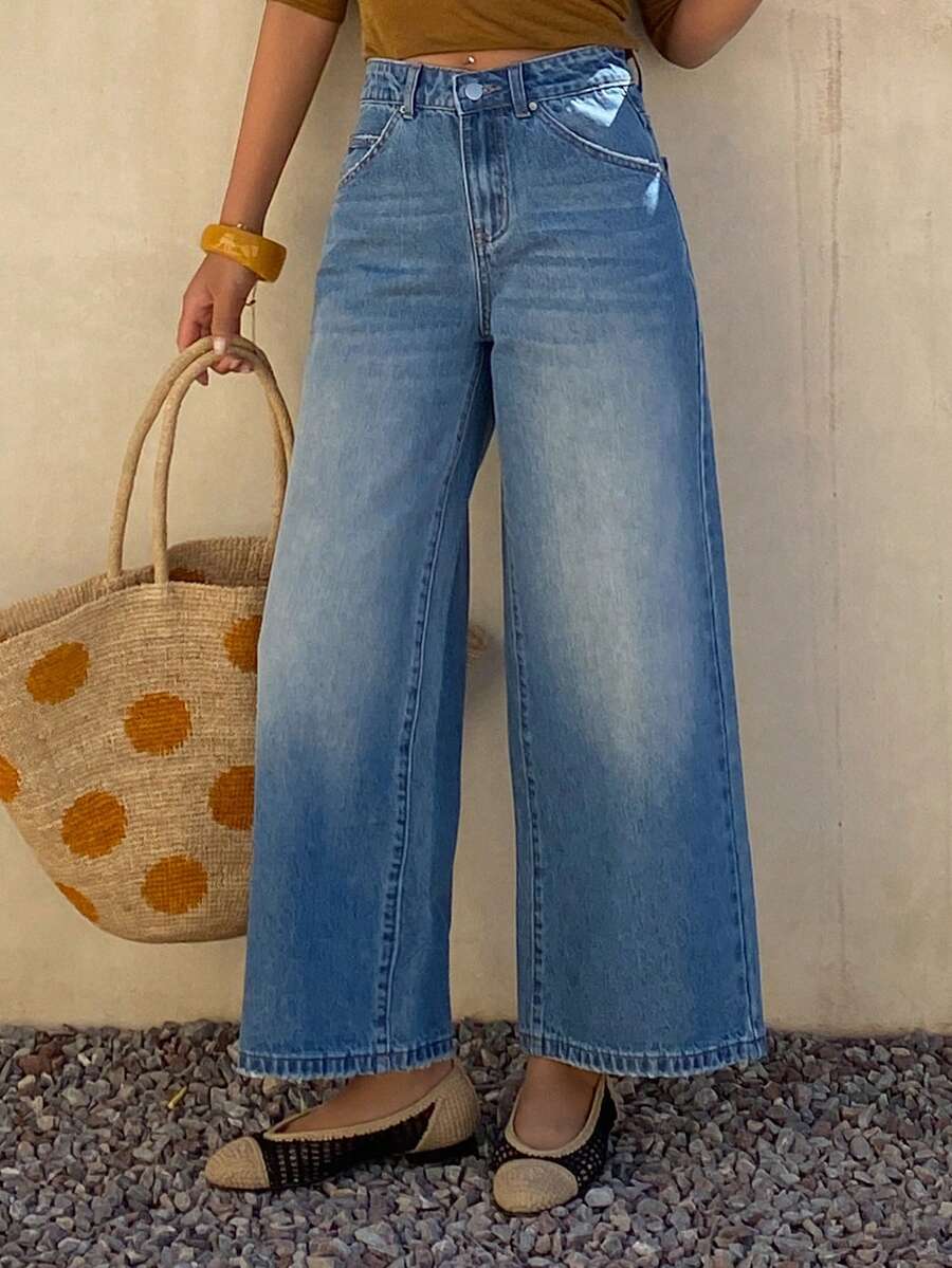 DAZY 女士常规款中腰宽松直筒休闲牛仔裤 - 中等水洗藍 - 查看 1