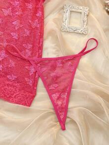 DelicateAllure 2pcs Lace Patchwork Criss-Cross Strap Off-Shoulder Sexy Lingerie Set: Nightgown + G-String - Hot Pink - View 5