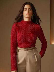 Anewsta Áo lót cổ cao ren nhung thanh lịch, chất lượng cao dành cho nữ mùa thu/đông. - Màu Đỏ Sâu - Xem 5