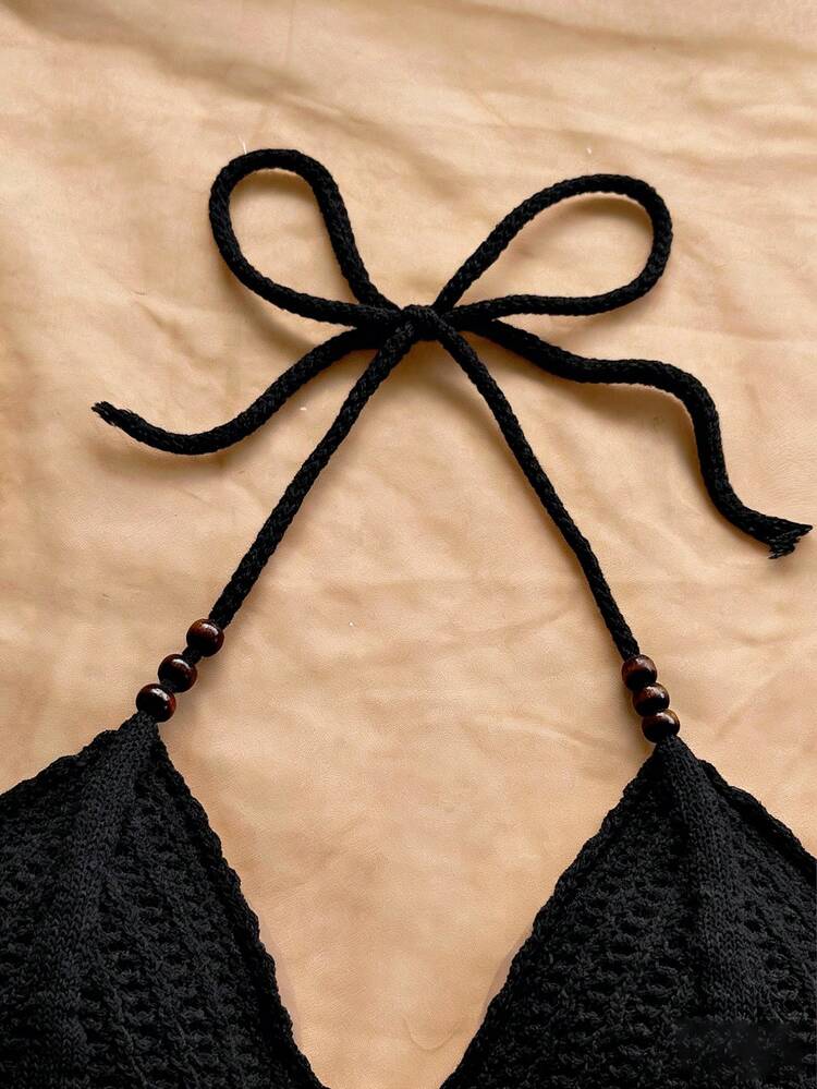Soleia Blusa de punto con cuello de halter, bajo con flecos y cuentas, adecuada para vacaciones, citas, té de la tarde, playa, crucero, viaje por carretera, temporada de bodas, festival de música, vacaciones bohemias - Negro - Añade 3