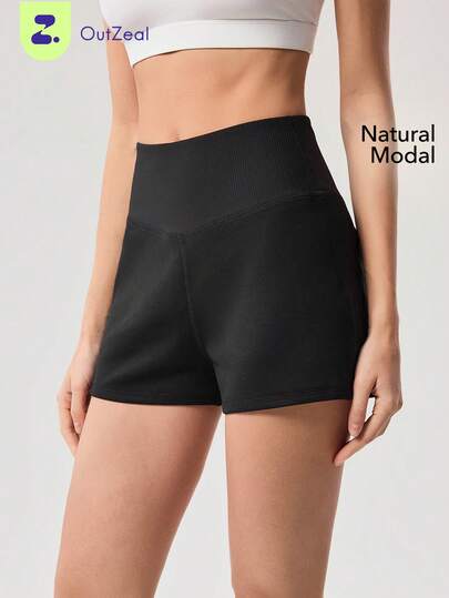 OutZeal Women Sports Black Shorts Daily Casual Soft Model Ribbed High Waistband Back Pockets