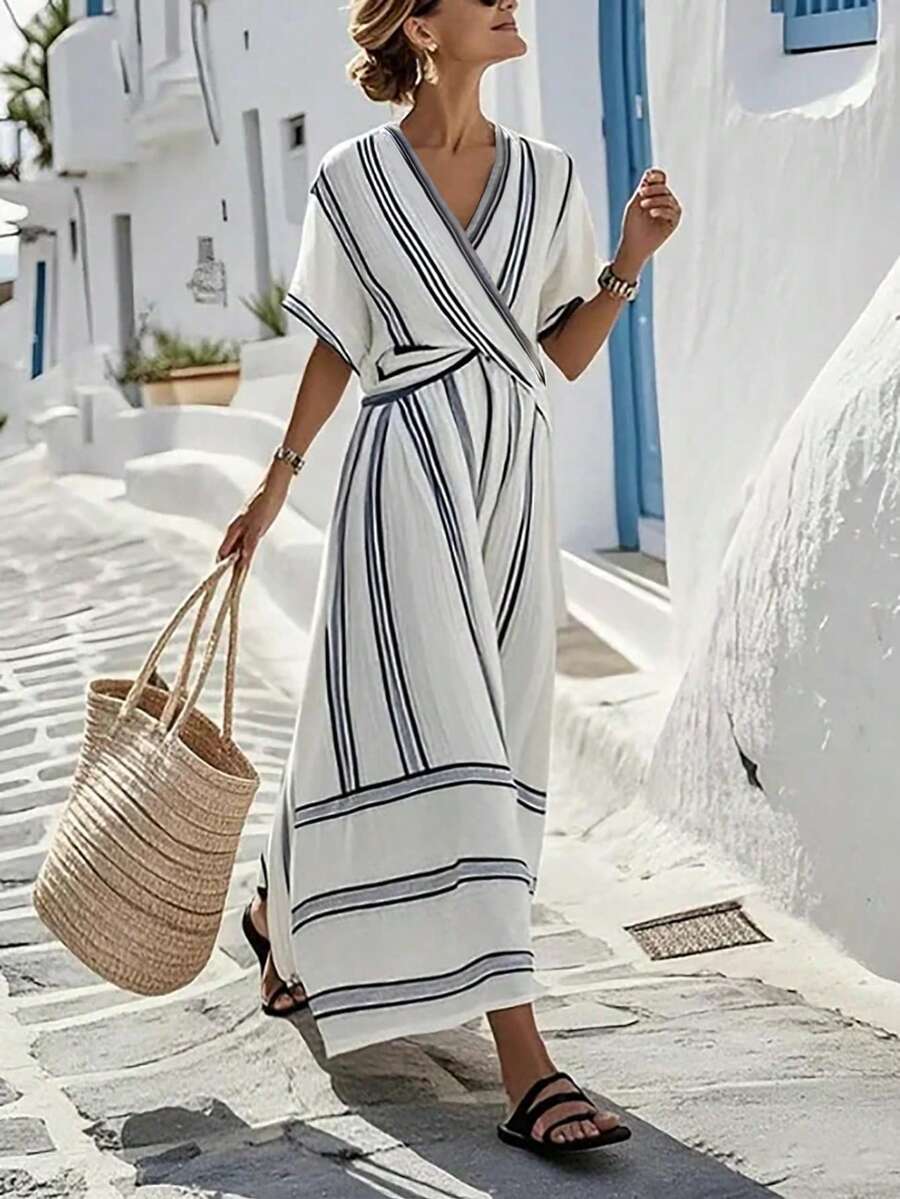 SHEIN Holidaya Summer New Arrival: V-Neck Chic Dress – Short-Sleeved, Contrast Wide-Narrow Striped, Relaxed Long Silhouette. This French Retro Piece Blends Vacation Charm With Office Elegance, Boasting A Slim-Flattering A-Line Cut Women Wrap Dress Summer Midi Summer Dress Women Vacation Dress Casual Summer Dress Striped Wrap Dress - Multicolor - View 1