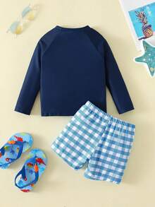 男女宝宝两件套可爱鲸鱼图案蓝色格子泳衣，防晒泳装，适合海滩度假游泳 - 藏蓝色 - 查看 2