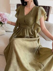 DAZY V-Neck Ruched Waist Flounce Sleeve Dress, Elegant Design, Slimming Effect Sundress - Khaki - View 4