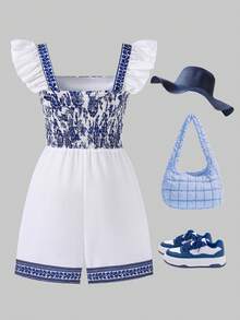 SHEIN ChillGRL Teen GirlVacation Cap Sleeve Tie-Front Jumpsuit - Blue - View 2