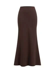 Ellevyn 2pcs/Set Women's Brown Versatile Knit Top + Long Mermaid Hem Skirt - Brown - View 8