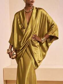 Zivah 新款春夏通勤优雅宽松芥末黄交叉廓形上衣+缎面半裙两件套，适合情人节、约会、派对、聚会、节日、度假、休闲风、海滩、海边、音乐会、日常出行、新年、狂欢、早午餐、婚礼宾客、婚礼季等场合，休闲百搭。 - 芥末黃 - 查看 1