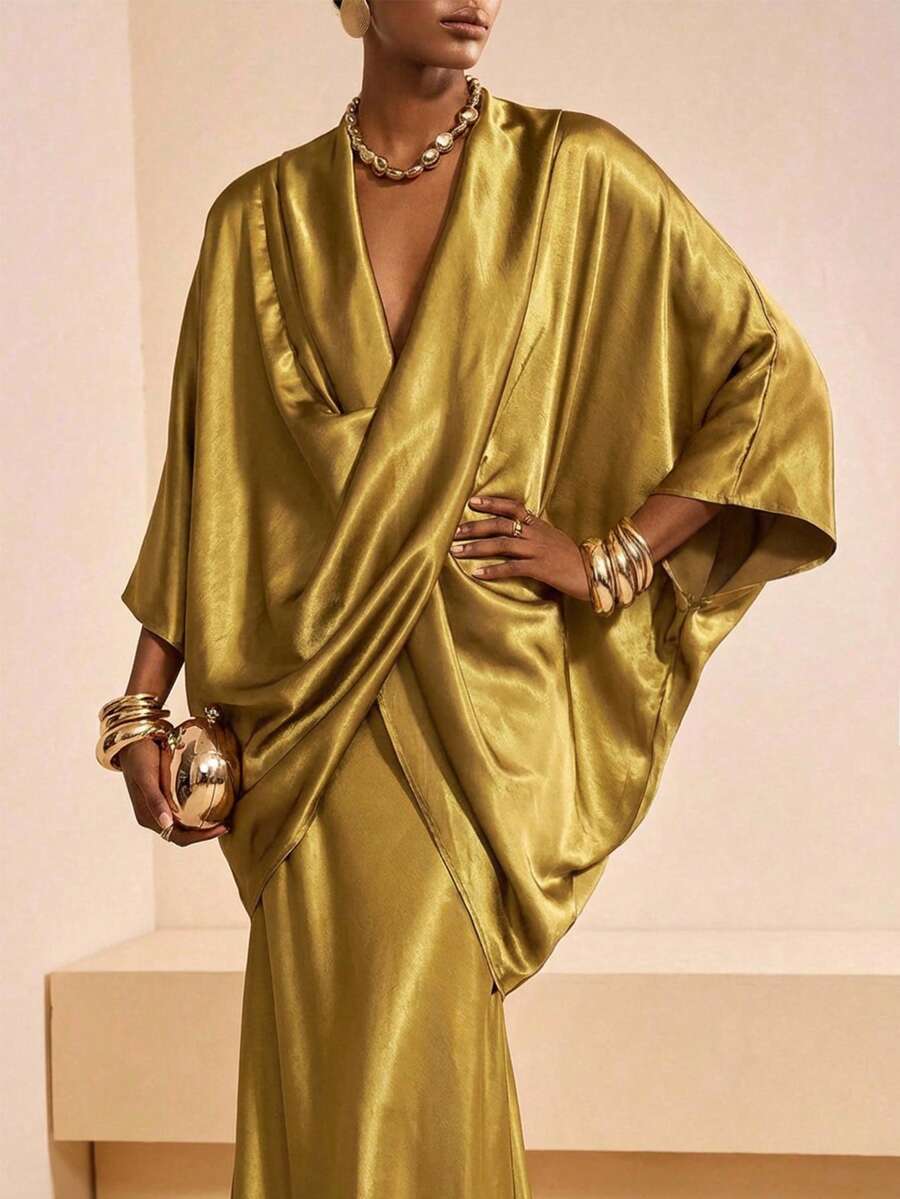 Zivah 新款春夏通勤优雅宽松芥末黄交叉廓形上衣+缎面半裙两件套，适合情人节、约会、派对、聚会、节日、度假、休闲风、海滩、海边、音乐会、日常出行、新年、狂欢、早午餐、婚礼宾客、婚礼季等场合，休闲百搭。 - 芥末黃 - 查看 1