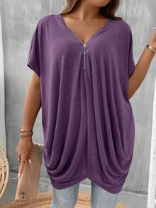 SHEIN LUNE Blusa feminina plus size casual de cor sólida com manga morcego, blusa feminina plus size casual de verão, blusa feminina plus size. - Roxo Lilás - Ver 5