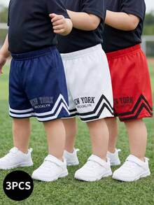 3 piezas Pantalones cortos deportivos con estampado numérico y cintura elástica para niños pequeños, azul/blanco/rojo, tela de punto suave y elástica, adecuado para actividades al aire libre, diseño sencillo y cómodo, elementos numéricos, estilo deportivo, opciones de varios colores, apto para primavera/verano, 6M-3T - Multicolor - Ver 4