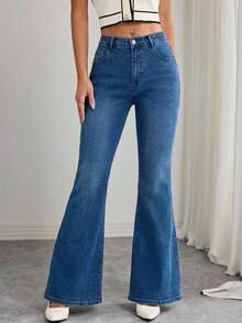 SHEIN Cottnline Plus Size Women High Waist Pockets Casual Versatile Flare Leg Jeans - Medium Wash - View 1