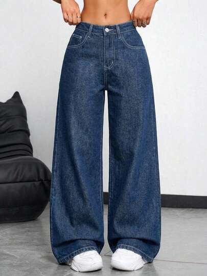 SHEIN PETITE Women Casual Loose Wide Leg Blue Denim Jeans, Vintage Jeans, Navy Jeans, Fall Women Outfits, Winter Women Pants, Blue Homecoming Jeans, Bootcut Women Jeans