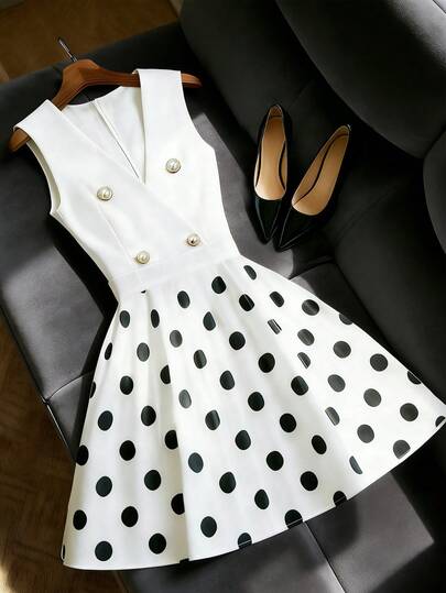 GlowEve Robe élégante, romantique et sophistiquée pour femmes, sans manches, col en V, double boutonnage à la taille, coupe évasée, patchwork de tissu à pois, pour le travail et les sorties