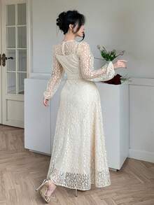 DAZY Women's Round Neck Lantern Sleeve Elegant Lace Dress Maxi Dress Sundress - Apricot - View 2